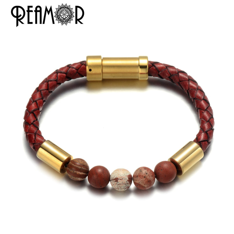 REAMOR, pulseras de cuero trenzado con piedra Natural verde y negro para hombre, Color dorado, acero inoxidable 316L, brazalete con cierre integrado, joyería