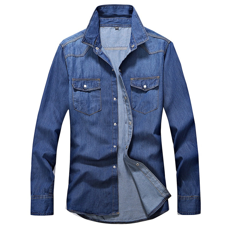 Denim Shirt Men Cotton Jeans Shirt Fashion Autumn Slim Long Sleeve Cowboy Shirt Stylish Wash Slim Tops Asian Size 3XL