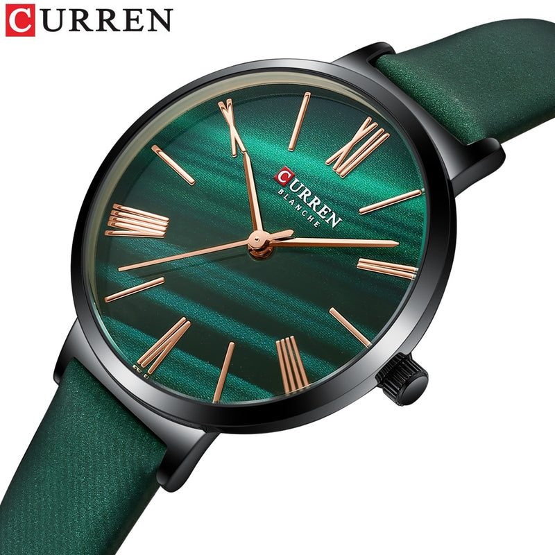 Relojes de lujo de moda CURREN para mujer, reloj de pulsera de cuarzo verde malaquita con reloj de cuero para mujer