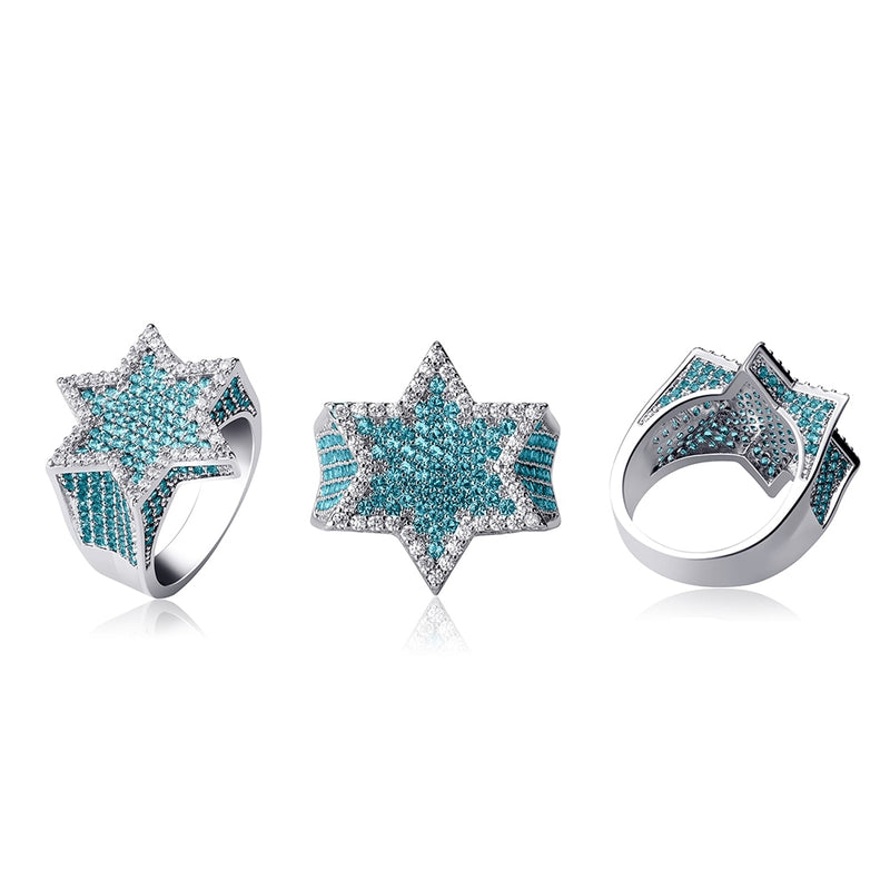 TOPGRILLZ New Hexagon Star Silber Farbe Blau Iced Out Kubikzircon Ringe Micro Paved Persönlichkeit Hip Hop Schmuck für Geschenke