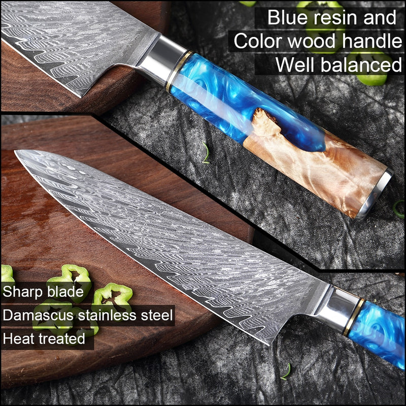 XITUO Kitchen Knives-Set Damascus Steel Chef Knife Cleaver Paring Utility Bread Knife Cooking Tool Blue Resin Handle 1-6Pcs/Set