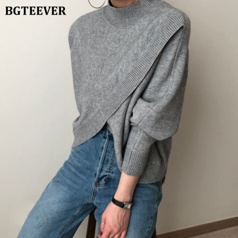 BGTEEVER Fashion Half-turtleneck Women Sweater Jumpers 2020 Autumn Winter Knitwear Cross Split Loose Female Knitted Pullovers