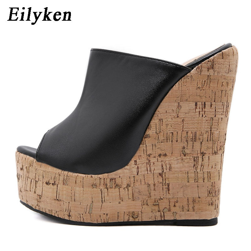 Eilyken Summer Outdoor Fashion Peep Toe Platform Slippers High Quality PU Leather Sandals Women Wedges Heels Ladies Shoes