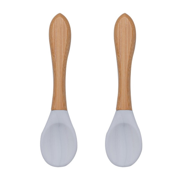 Baby Fork Spoon Silicone Wooden Feeding Spoon Soft Tip Fork BPA Free Food Grade Materia Bamboo Handle Toddlers Gifts
