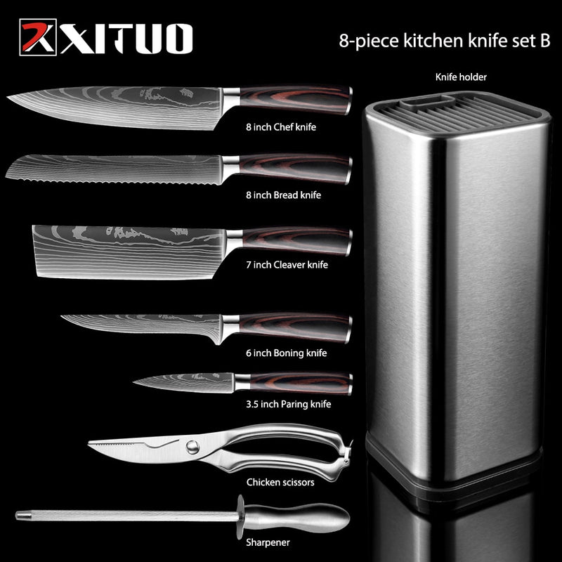 XITUO Kitchen Chef Set 4-8PCS set  Knife Stainless Steel Knife Holder Santoku Utility Cut Cleaver Bread Paring Knives Scissors
