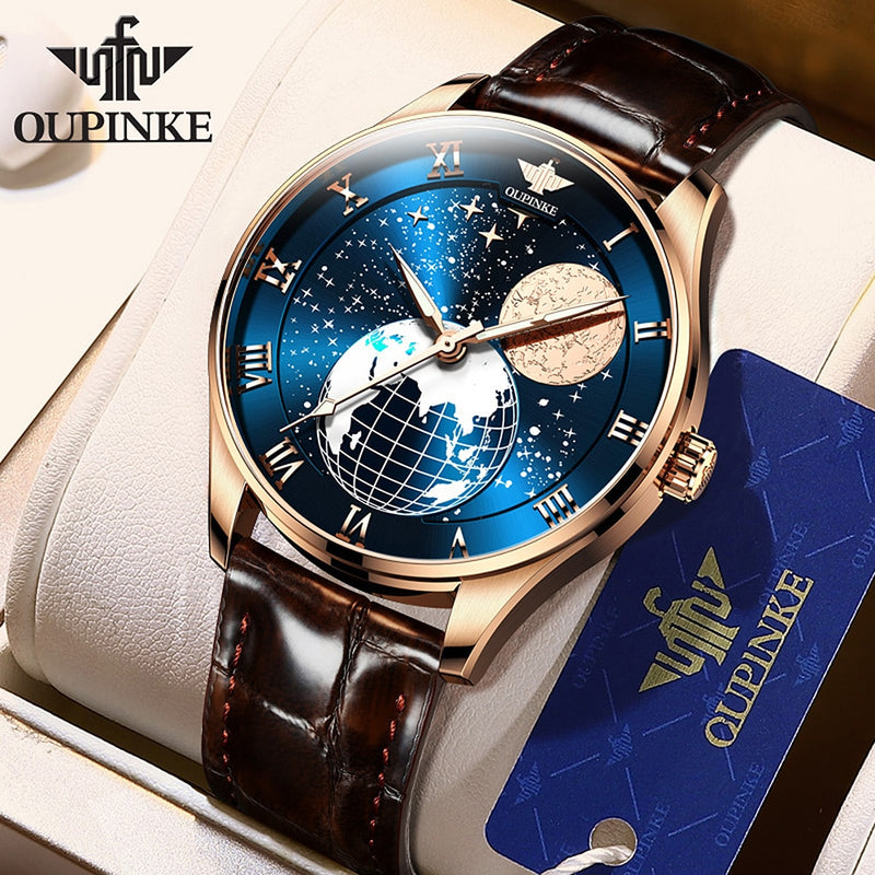 OUPINKE, relojes de pulsera mecánicos de fase lunar para hombre, relojes de lujo automáticos impermeables de marca superior para hombre, reloj Masculino de zafiro