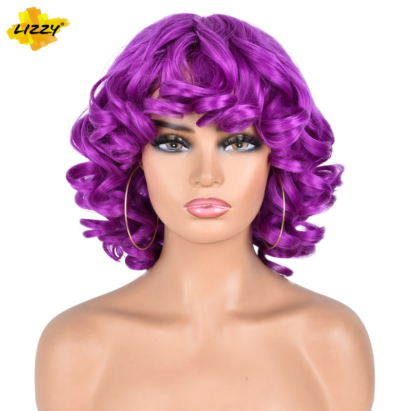 Peluca Afro rizada de pelo corto con flequillo, Cosplay sintético suelto, pelucas naturales esponjosas hasta los hombros para mujeres negras, marrón oscuro, 14"