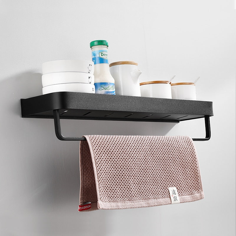 Estante de baño negro con toallero, estantes de aluminio para baño, soporte para champú, estante de ducha, estante de esquina para cocina, estante de almacenamiento