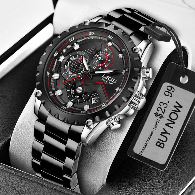 LIGE Fashion Mens Watches Top Luxury Brand Silver Stainless Steel 30m Waterproof Quartz Watch for Men Army Military Chronograph