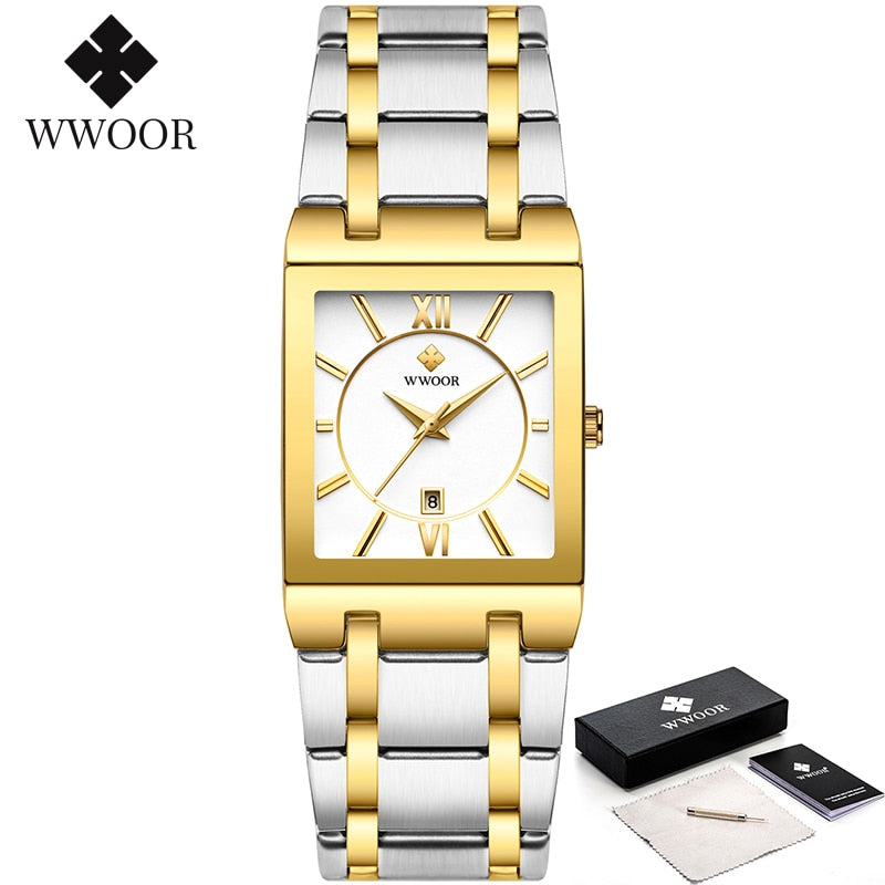 Relogio Masculino WWOOR Gold Watch Men Square Mens Watches Top Brand Luxury Golden Quartz Stainless Steel Waterproof Wrist Watch