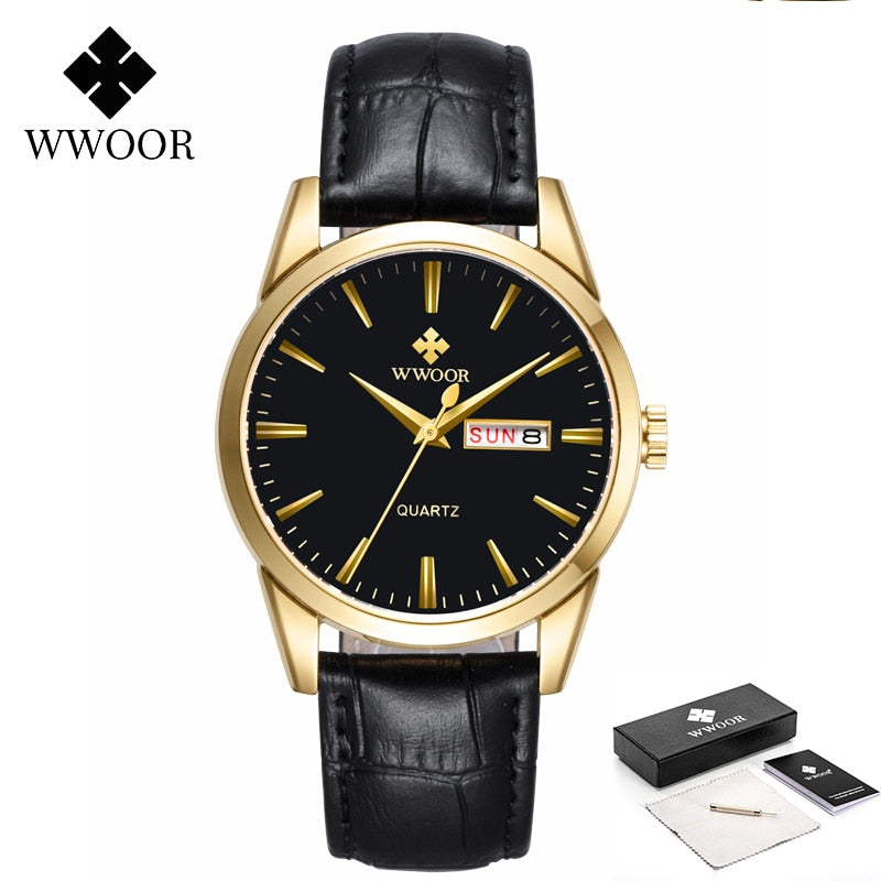 WWOOR Famous Brand Men Watch Day Date Analog Quartz Clocks Luxury Sports Business Leather Casual WristWatch relogio masculino
