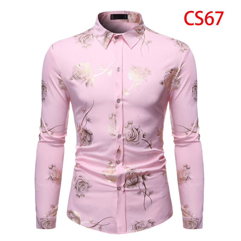 Camisas con estampado floral de rosas doradas para hombre Marca Floral Steampunk Chemise Blanco Manga larga Fiesta de bodas Bronceado Camisa Masculina