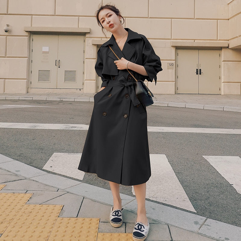 Brand New Spring Autumn Long Women Trench Coat Double Breasted Belted Storm Flaps Khaki Dress Loose Coat Lady Outerwear Fashion