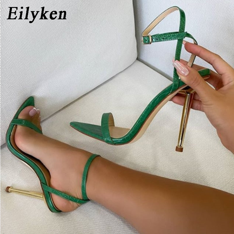 Eilyken 2023 nuevo tobillo hebilla Correa verde tacones altos Sandalias Mujer punta estrecha fiesta Mujer Zapatos Sandalias Mujer