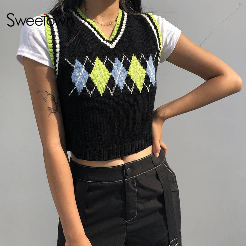 Camiseta sin mangas de punto a cuadros Sweetown Argyle, ropa de calle para mujer, ropa nueva de estilo pijo, prendas de punto recortadas con cuello de pico a rayas, chaleco tipo suéter de los años 90