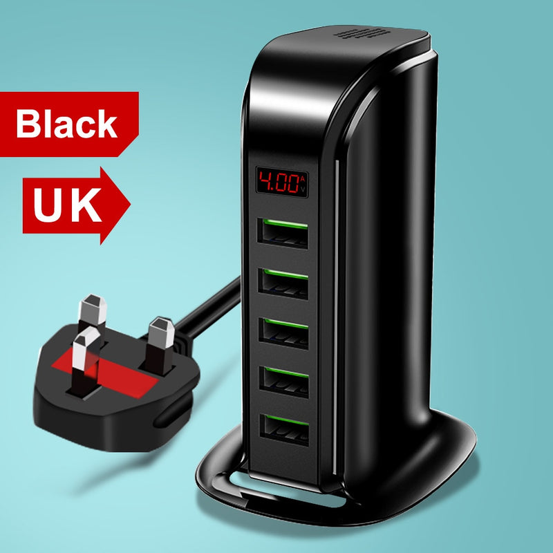 Elough 5 Port USB Charger HUB LED Display Multi USB Charging Station Dock Universal Mobile Phone Desktop Wall Home EU US UK Plug