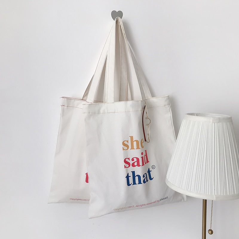 Women Canvas Shopping Bag Youth Letters Print Female Cotton Cloth Shoulder Bag Eco Handbag Tote Reusable Grocery Shopper Bags