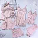 Lace Patchwork 5PCS Sleepwear Nightgown Kimono Bathrobe Gown Satin Lady Nighty&amp;Robe Suit Sexy Home Clothes White Wedding Robe