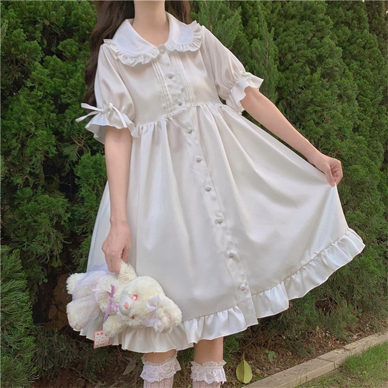 Japanese Sweet Girl Lolita Drees Kawaii Peter Pan Collar Cute Ruffle Puff Sleeve Drees Solid Color Elegant Retro Lady Drees