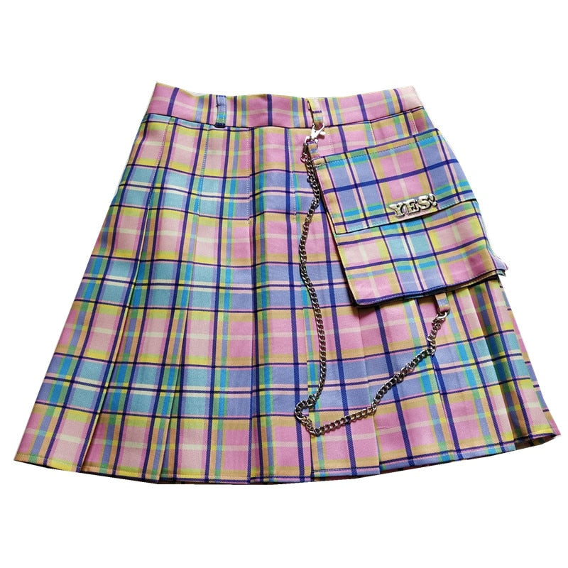 Harajuku Niedliche Röcke Frauen Kawaii Plaid Elastische Hohe Taille A-Linie Plissee Miniröcke Regenbogen Koreanisch Japanisch Schuluniform