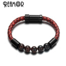 REAMOR Men Black Green Natural Stone Braided Leather Bracelets Gold Color 316L Stainless steel Embedded Clasp Bangle Jewelry