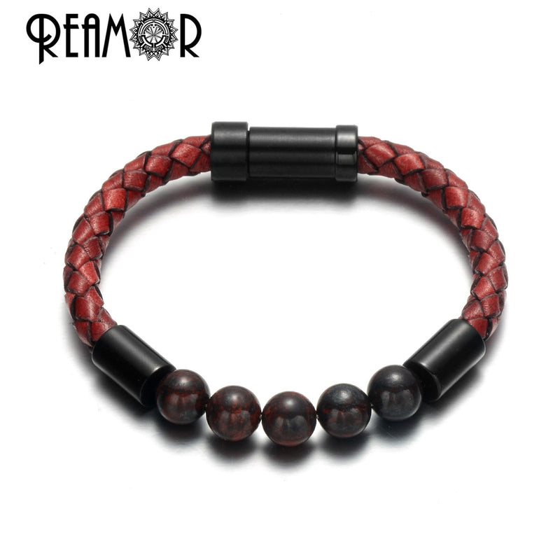 REAMOR Männer Schwarz Grün Naturstein Geflochtene Lederarmbänder Goldfarbe 316L Edelstahl Eingebetteter Verschluss Armreif Schmuck