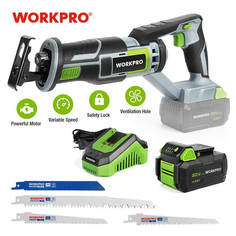 WORKPRO 20V Cordless Reciprocating Saw 1-inch Stroke Length For Wood &amp; Metal Cutting With 4 Saw Blades Tool Kit