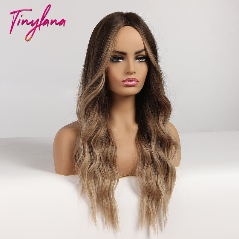 TINY LANA Synthetic Long Ombre Wavy Wigs Brown Blonde Middle Part Cosplay Wigs with Bangs For Women Long Hair Wigs Fake Hair