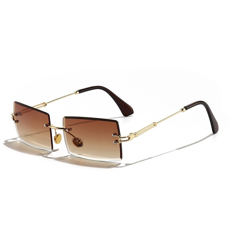 HBK Fashion Rimless Sunglasses Women TOP QUALITY Trendy Small Rectangle Sun Glasses Summer Style UV Gold Brown Shades for men