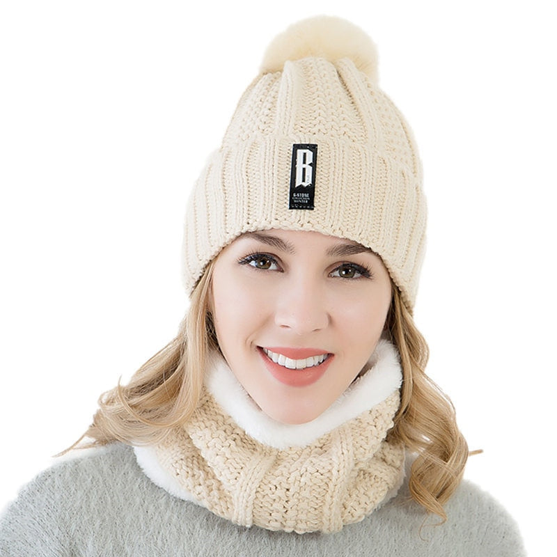 Neue Frauen Warm Dicken Hut Mode Winter Hüte Für Frau Fügen Sie Pelz Gefüttert Strickmütze Buchstabe B Beanie Hut Mädchen Bommel Strickmütze
