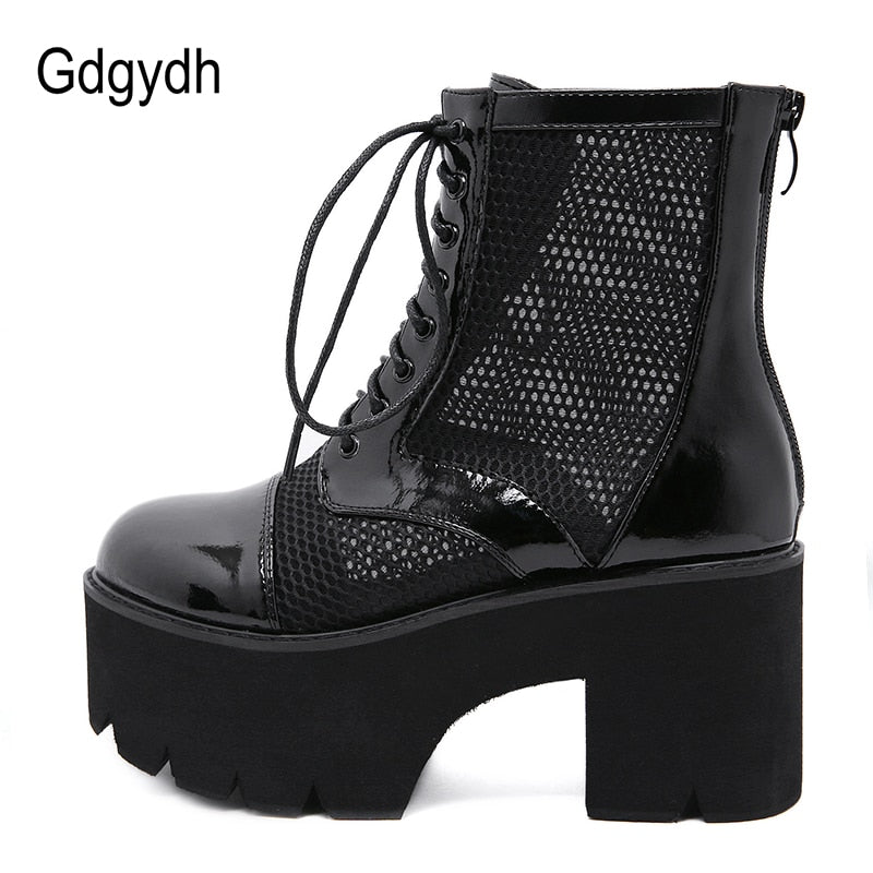 Gdgydh, zapatos góticos para mujer, botas de plataforma para mujer, tacones altos con cordones, malla Blace, botines de charol transpirable, tacones gruesos