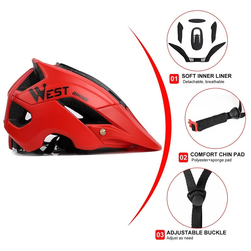 WEST BIKING Casco de bicicleta 56-62cm Transpirable Ultraligero MTB Casco de ciclismo de montaña moldeado integralmente Casco de seguridad para bicicleta