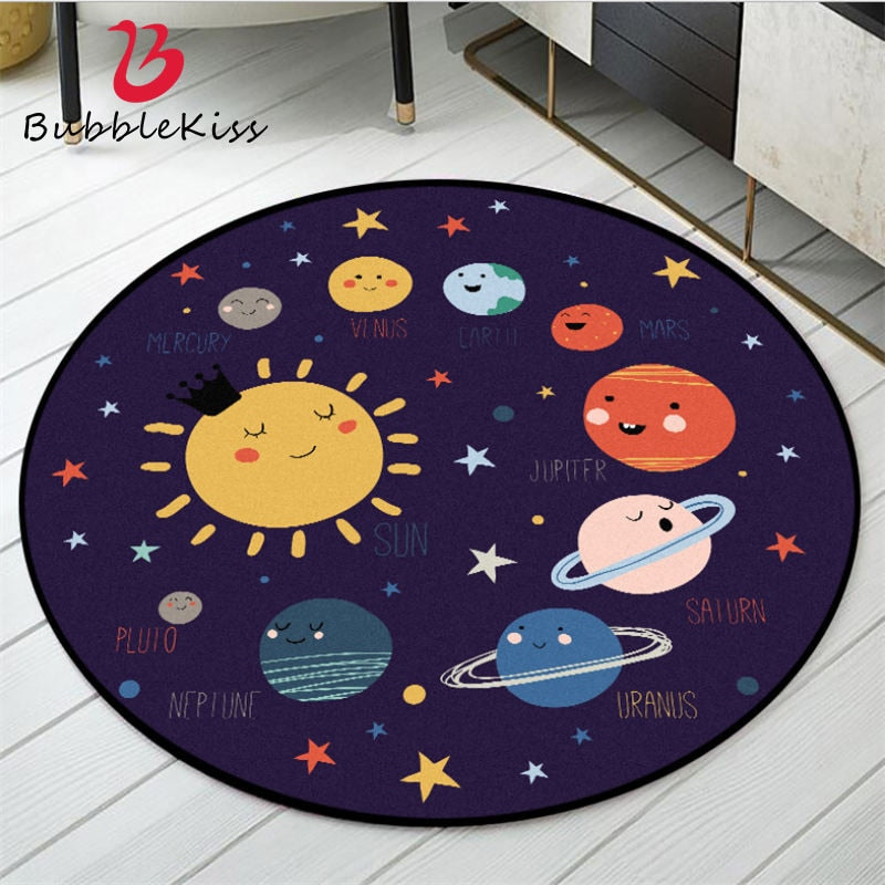 Bubble Kiss Color Cartoon Space Planet Pattern Round Carpet Teppiche für Kinderzimmer Grau Modern Home Decor Polyester Bodenmatte