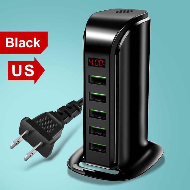 Elough 5-Port-USB-Ladegerät HUB LED-Anzeige Multi-USB-Ladestation Dock Universal-Handy-Desktop-Wand-Heim EU-US-UK-Stecker