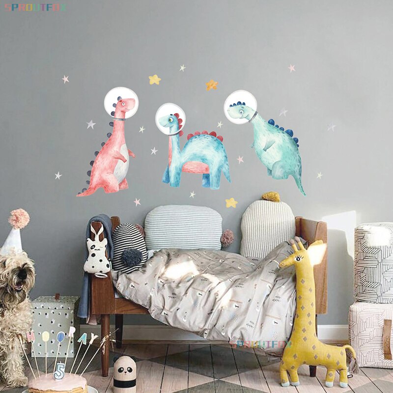 Cartoon Animals Dinosaur Astronaut Wall Sticker for Baby Kids Room Star Decals Bedroom Background Wallpaper Home Decoration