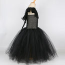 Schwarze Feder-Halloween-Kostüme für Mädchen, Kinder, böse Königin, langes Tutu-Kleid mit Hörnern, Flügeln, Bösewicht, Hexe, Cosplay-Outfit-Set