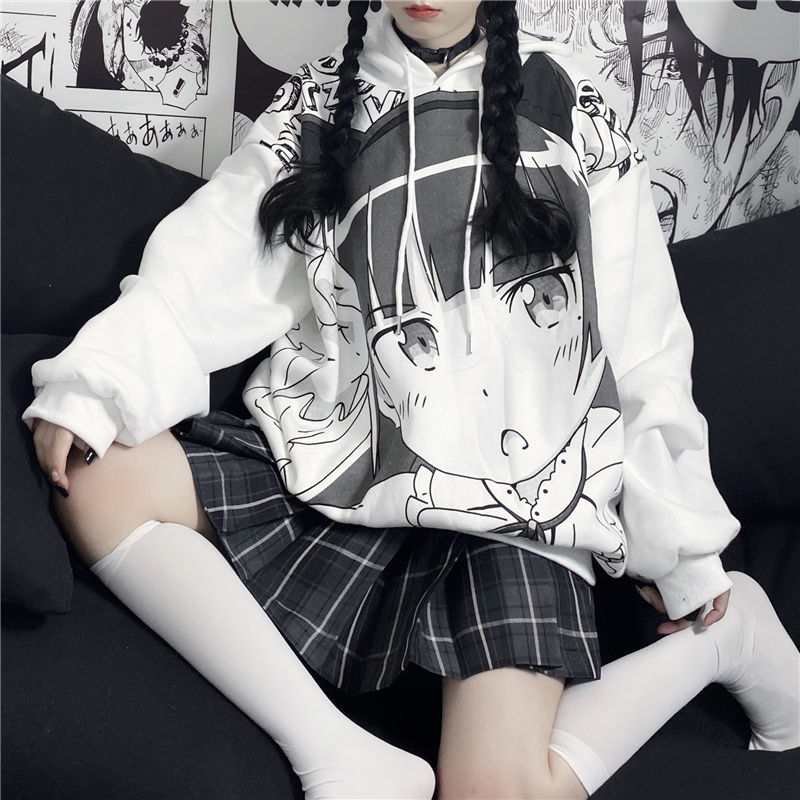 Deeptown Anime Hoodie Herbst Kleidung Frauen Sweatshirt Mode Druck Langarm Tops Lässig Warm Samt Plus Größe Frauen Pullover