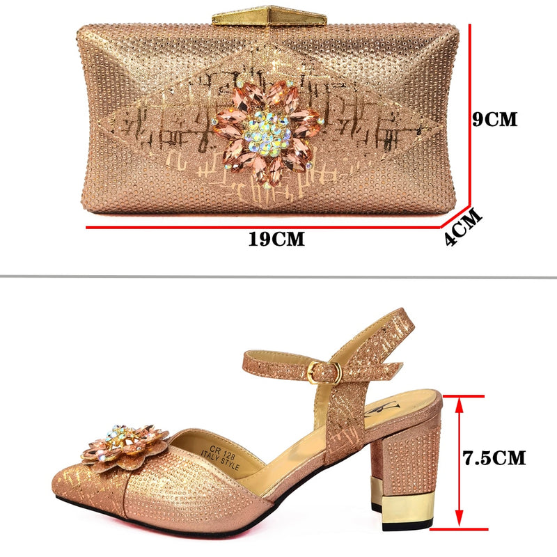 Italienische Schuhe und Taschen passend zu Schuhen mit Taschenset, verziert mit Strass, nigerianische Frauen, Hochzeitsschuhe, Set, Hochzeitsfeiertasche