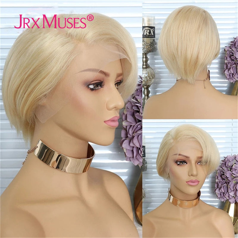 Pixie Cut Bob Lace Part Wigs 150% Density Blonde Lace Closure Human Hair Wigs Short Closure Wigs Pre Plucked With Baby Hair