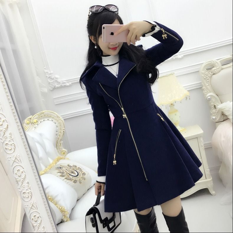 2022 Autumn Winter Women Coats Dark Blue Lady Clothing Zipper Woolen Coat Mid-length Slim