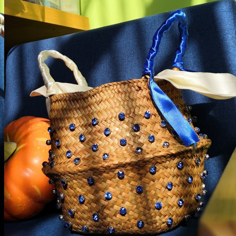 Handmade Sewing Holiday Fashion Crystal Woven Basket Diamond Clutch Bag Luxus Handtaschen Damen Taschen Designer Hot Straw Handtaschen