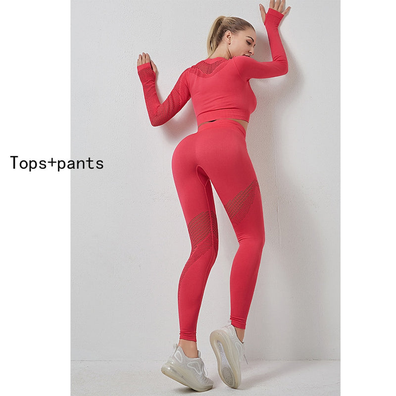 Yoga Sets Women Gym Clothes Seamless Long Sleeve Crop Tops Mesh Sports Leggings Running Workout High Waist Pants Fitness Wear