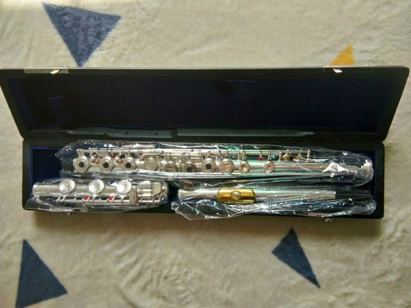 Professionelles neues Flötenmusikinstrument 17 E-Key Silver C Tune open close häufig verwendete Flöte Gold Mundstück kostenlos