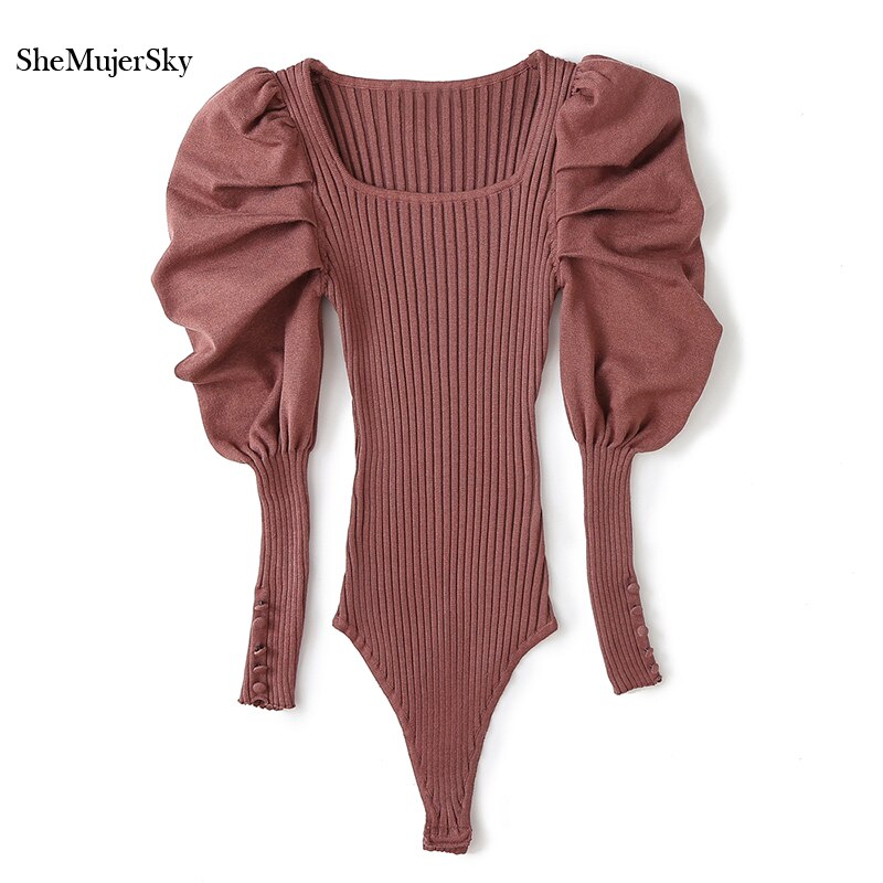 SheMujerSky Autumn Knitted Bodysuits Women Vintage Square Collar Puff Sleeve Bodysuit 2020 Solid Color Slim Jumpsuit