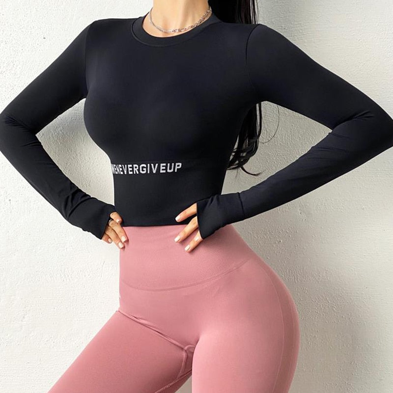Autumn Seamless Yoga Shirts Women Elastic Thumb Hole Fitness Running Long Sleeve Sports T Shirts Gym Workout Tight Crop Top