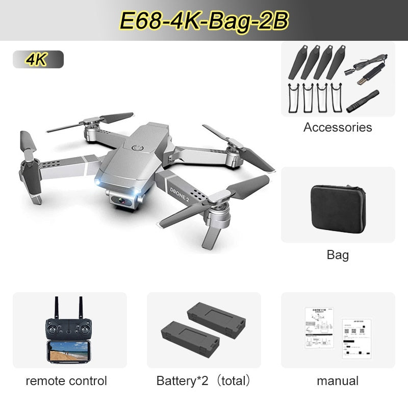 JINHENG E68 Mini RC Drone 4K 1080P HD Camera Wifi FPV Air Pressure Altitude Hold Mode Foldable Quadcopter Toy Kid&