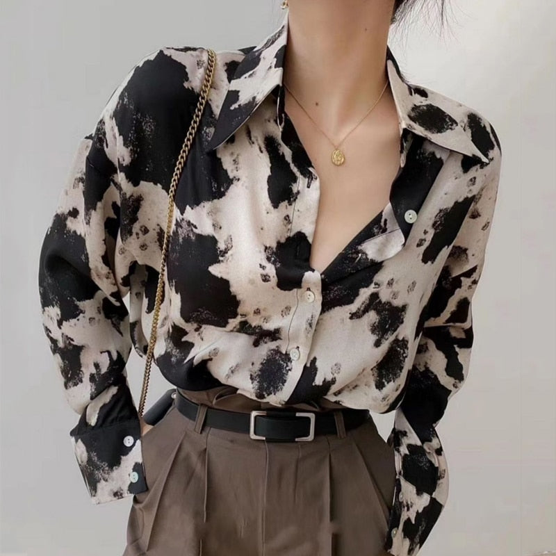 Cow Print Button Up Shirts Women Long Sleeve Blouse Korean Fashion Clothes Chiffon Streetwear Plus Size Tops Spring New 13486