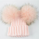 Winter Baby Knit Hat With Two Fur Pompoms Boy Girls Natural Fur Ball Beanie Kids Caps Double Real Fur Pom Pom Hat for Children