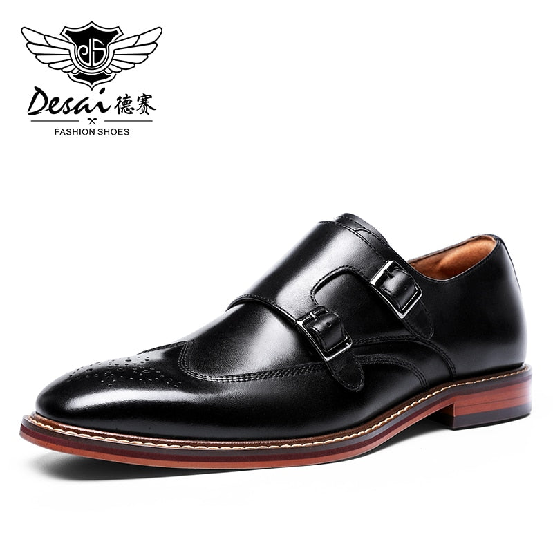 DESAI Monk Strap Slip on Genuine Leather Business Handmade Dress Brogue Shoes for Men with Buckle 2021