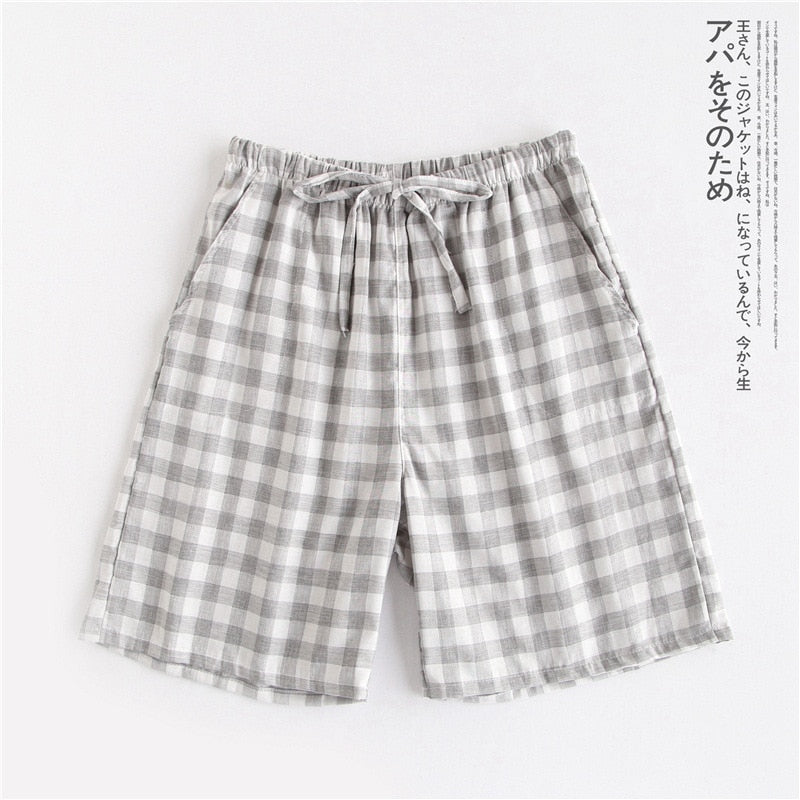 Couple pajamas summer cotton gauze shorts Japanese style simple elastic waist casual large size lattice men and women home pants